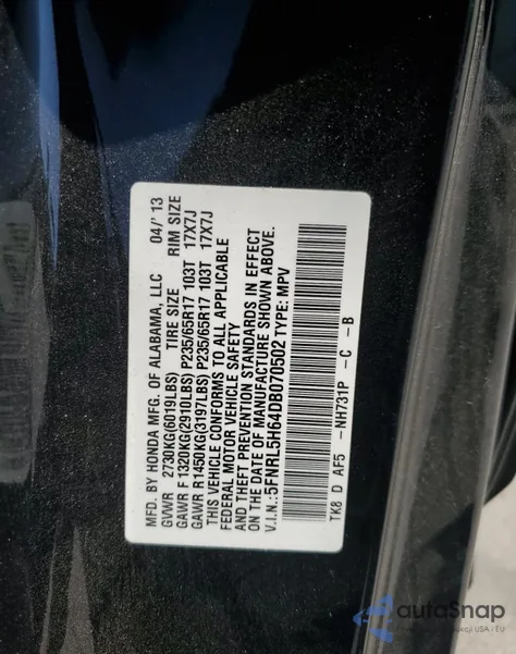 2013 Honda Odyssey Exl из США, поврежденный, VIN 5FNRL5H64DB070502